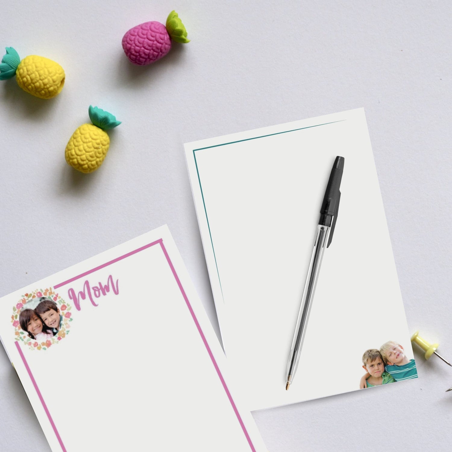 peroanlized notepads with photos of little boys on one and other mother and daughter