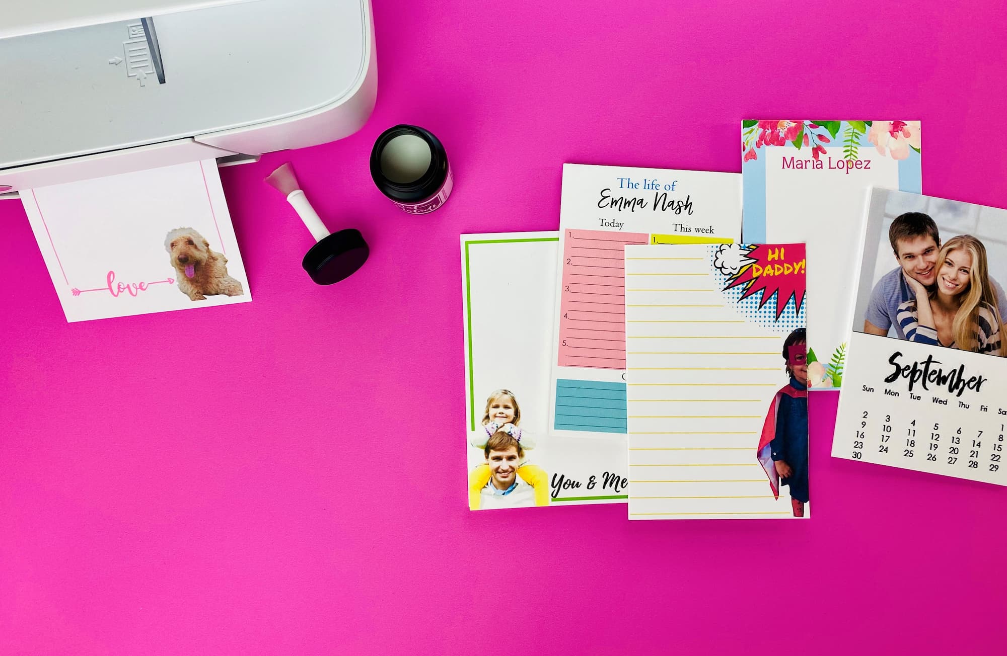 diy notepads kit showing notepad examples along with padding compound, brush and clamps