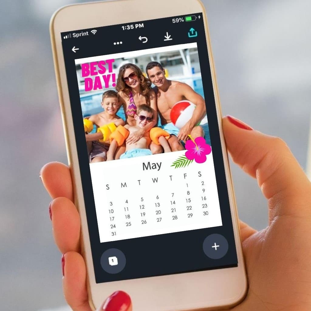 photo of hand holding phone showing calendar made on phone using family photo and colorful stickers added