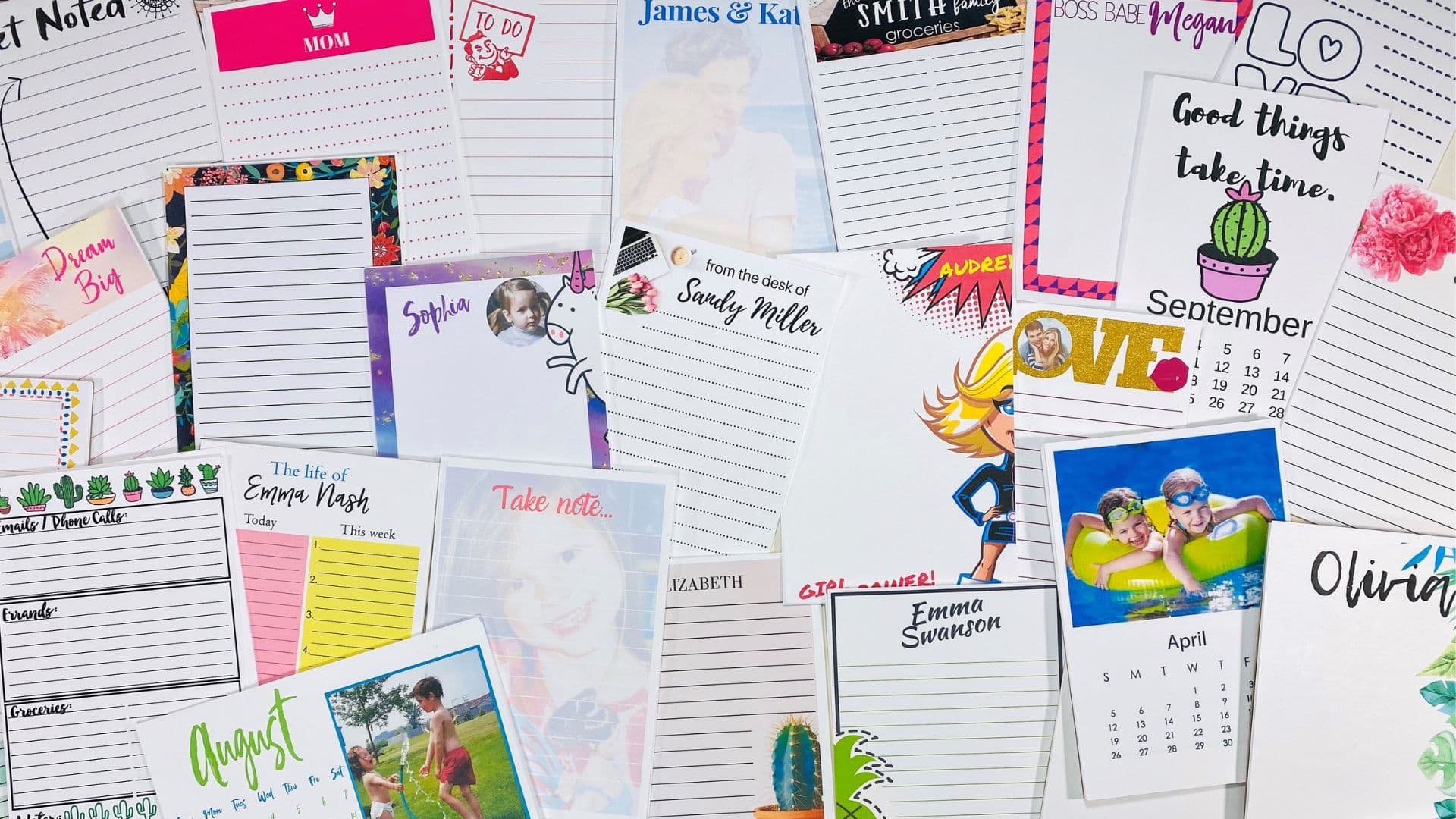 a tablefull of notepads and calendars printed on Get-Noted diynotepads as examples.