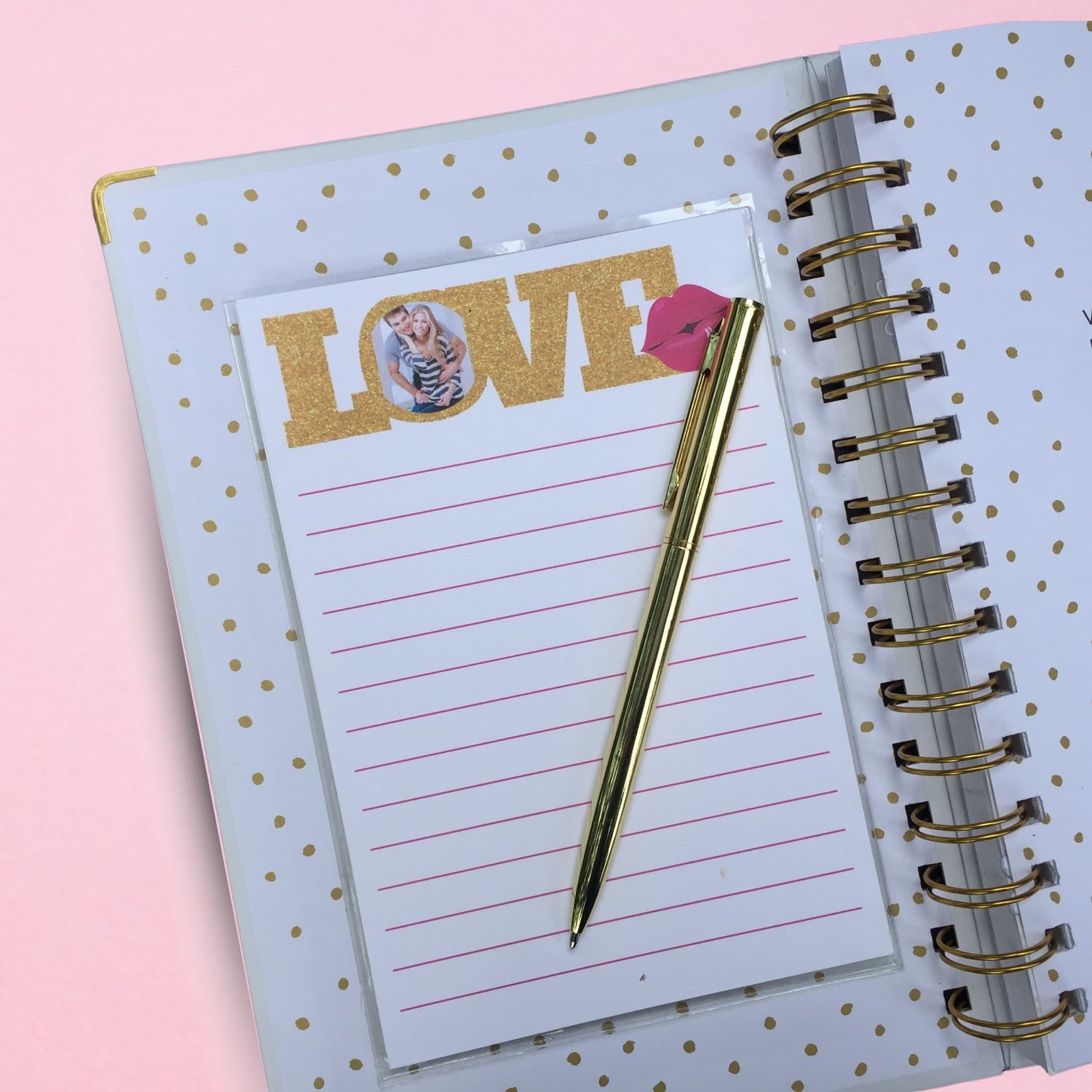 personalized notepad using the word love as a frame for young couples photo in the "o"